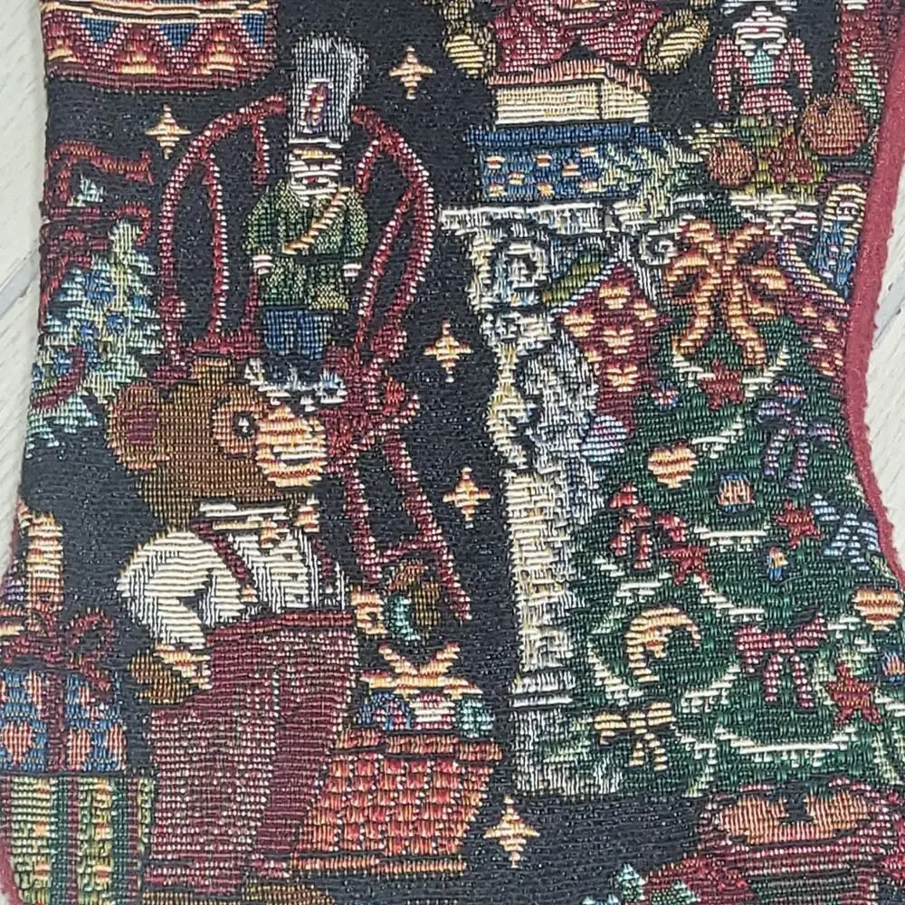 Vintage Tapestry Cross Stitch Stocking Teddy Bear Family Celebrating Christmas